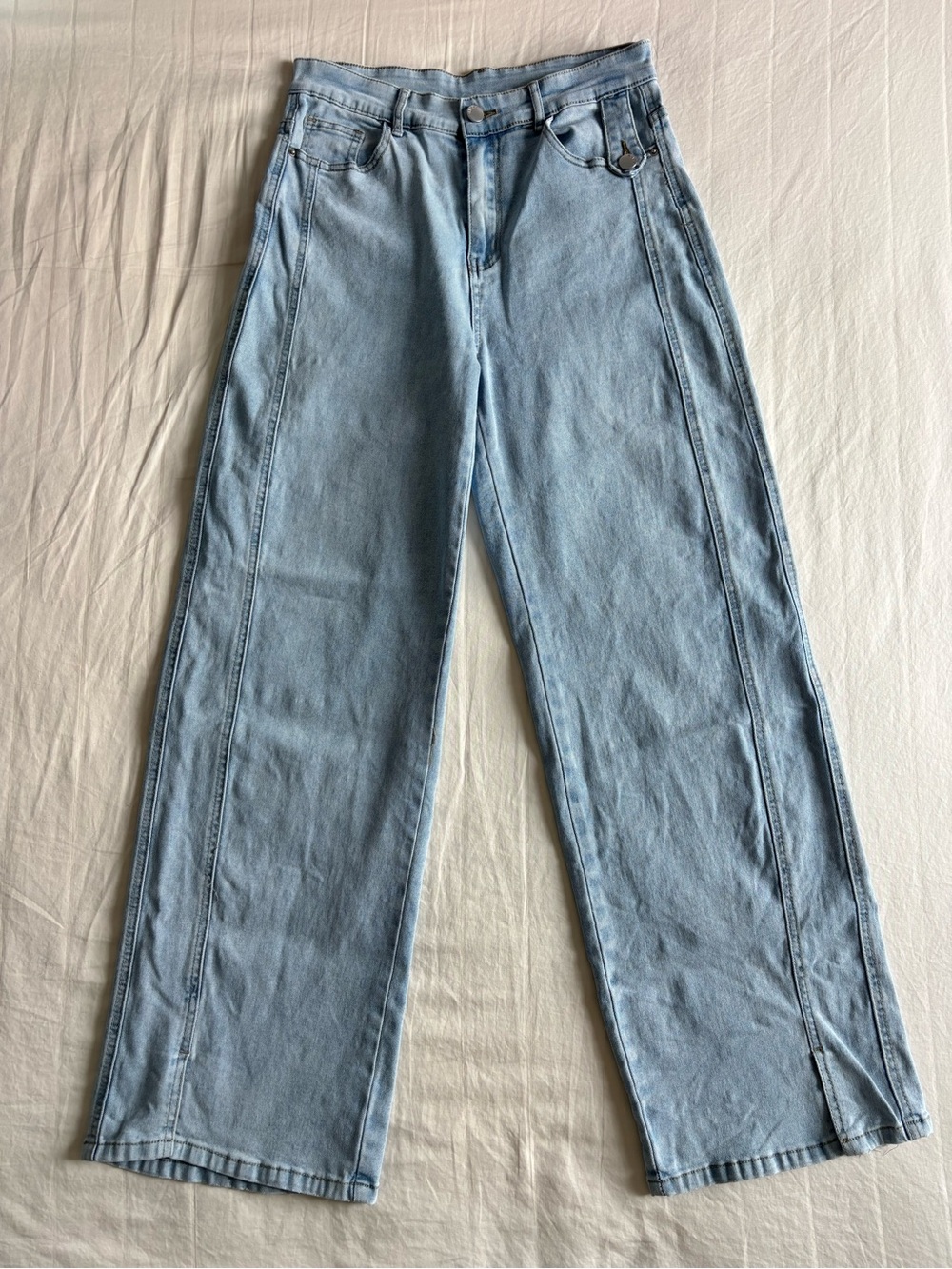 Korean Style Wide Leg Jeans with Seam Detail and Lower Slit